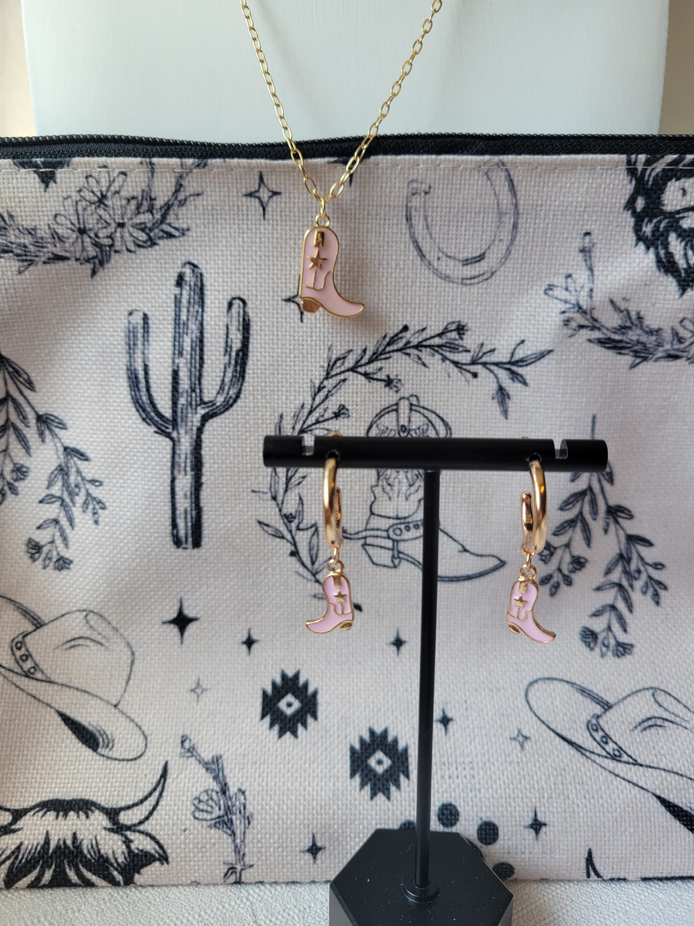 Cowboy Boot Necklace & Earring Set with Bag